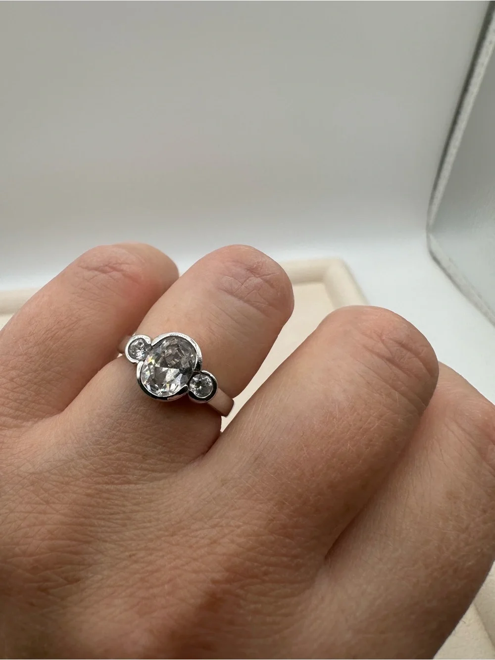 Oval Cut Center Stone Bezel Set 3 Stone Statement Ring Silver Tone